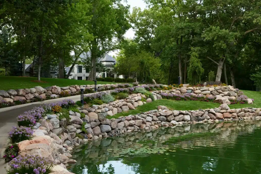 retaining walls near a pond